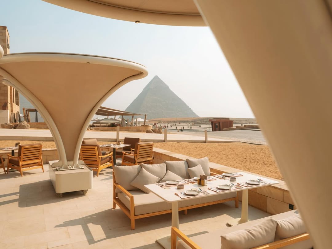 Pyramids at dawn overlooking the dining terrace